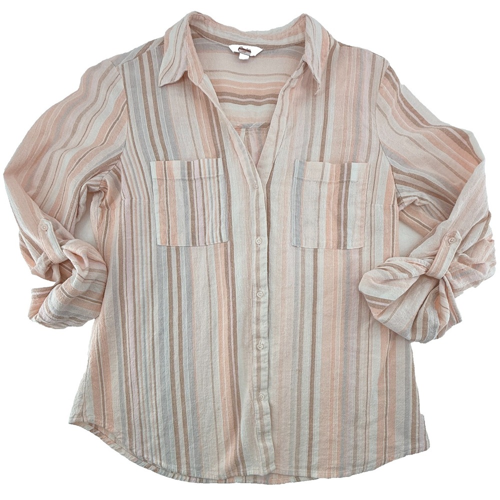 Carmel Striped Button Front Shirt Womens L Linen Blend Beachy Lightweight